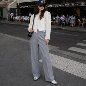 ZARA Tailored Pinstripe Wide Leg Trousers Light Grey High Rise Size S